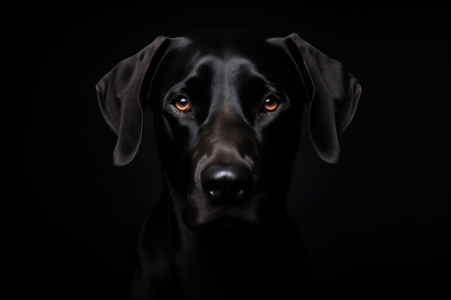 琥珀色の瞳でこちらを見つめる、黒い被毛の大型犬
